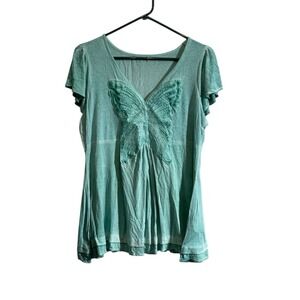 Y2k Butterfly Fairy Top Ruched Ruffle Sleeve Embellished Whimsy Sz Medium